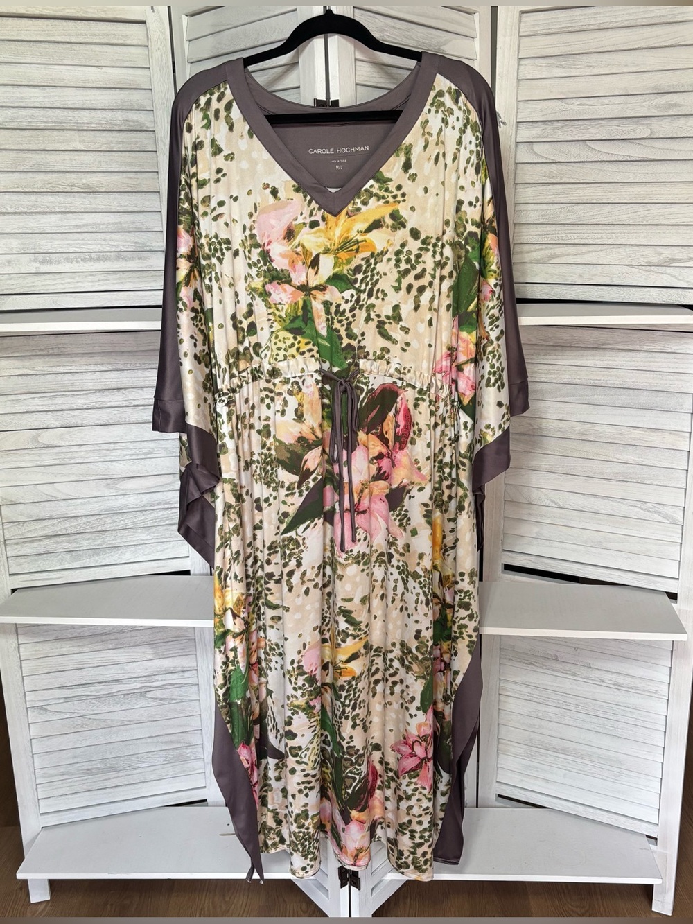 Carole Hochman Floral Leopard Print Caftan Lounge Dress M/L